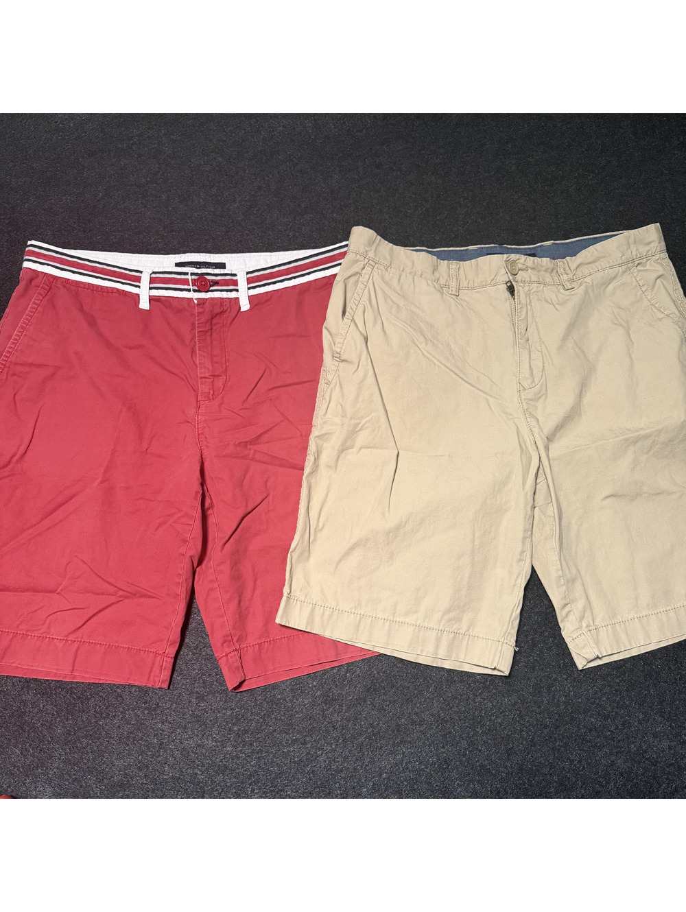 Lot of 2 Tommy Hilfiger Mens Chino Shorts Size 34 Coral Red & Khaki Flat Front